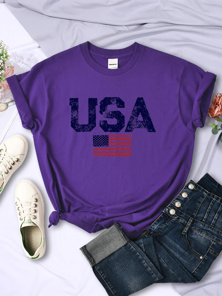 American Spirit® – USA Letters & Flag Printed Cotton Tee for Women