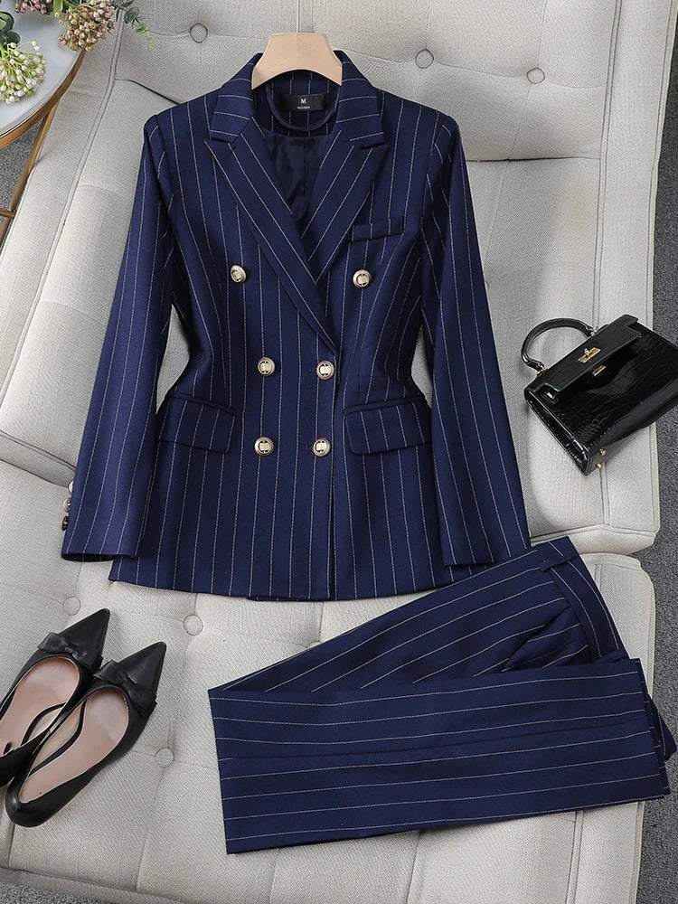 Suitique® – Autumn/Winter Blue Striped Pant Suit for Business Women