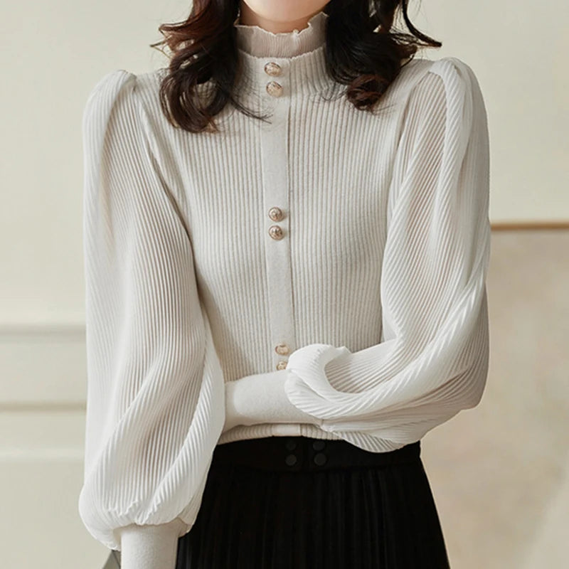 Season’s Melody® – Long Sleeve Knit Turtleneck Sweater with Sheer Chiffon Elegance