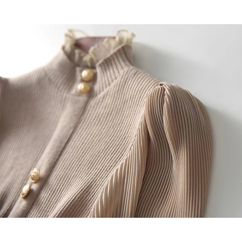 Season’s Melody® – Long Sleeve Knit Turtleneck Sweater with Sheer Chiffon Elegance