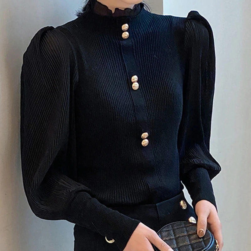 Season’s Melody® – Long Sleeve Knit Turtleneck Sweater with Sheer Chiffon Elegance