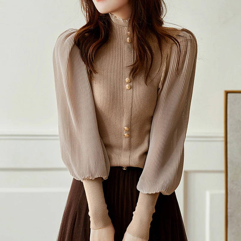 Season’s Melody® – Long Sleeve Knit Turtleneck Sweater with Sheer Chiffon Elegance