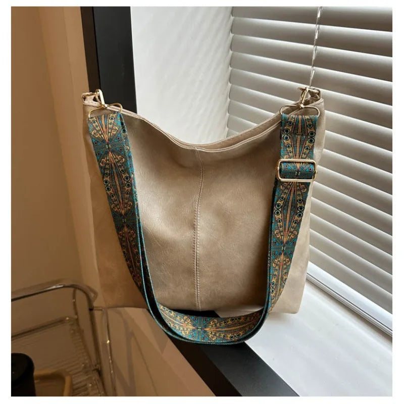 VintageCharm® – PU Leather Wide Strap Bucket Tote for Women