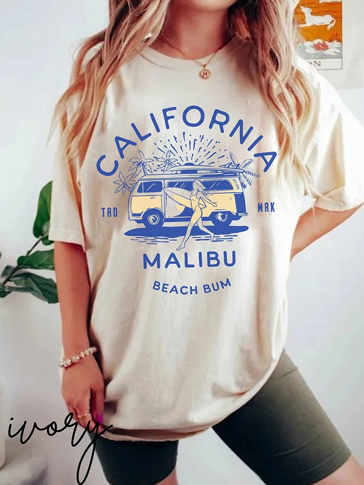 California Malibu Beach Bum® – Women’s Cotton Print Harajuku Style Loose Oversized Short Sleeve T-Shirt