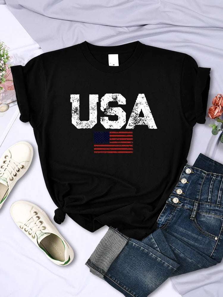 American Spirit® – USA Letters & Flag Printed Cotton Tee for Women