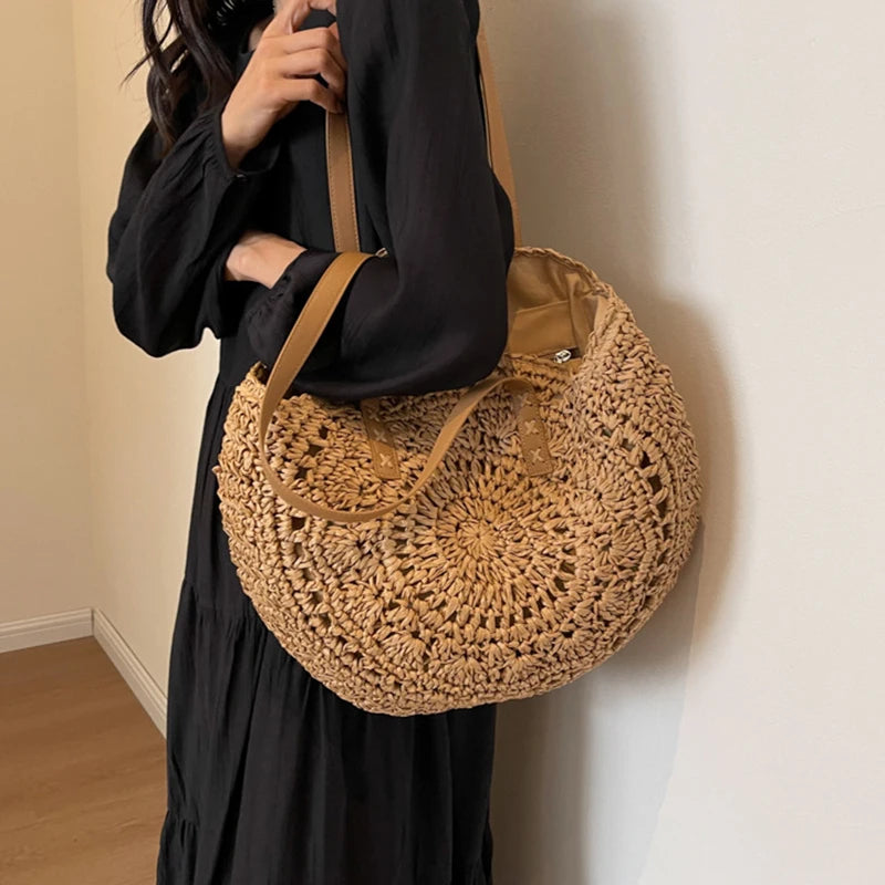 BohoWave® – Women’s Boho Woven Round Rattan Shoulder Tote Bag