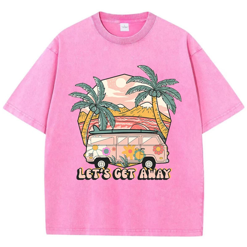 Harajuku Escape® – Women’s Washed Cotton Printed T-Shirt “Take The Bus Go On Vacation” Casual Tee