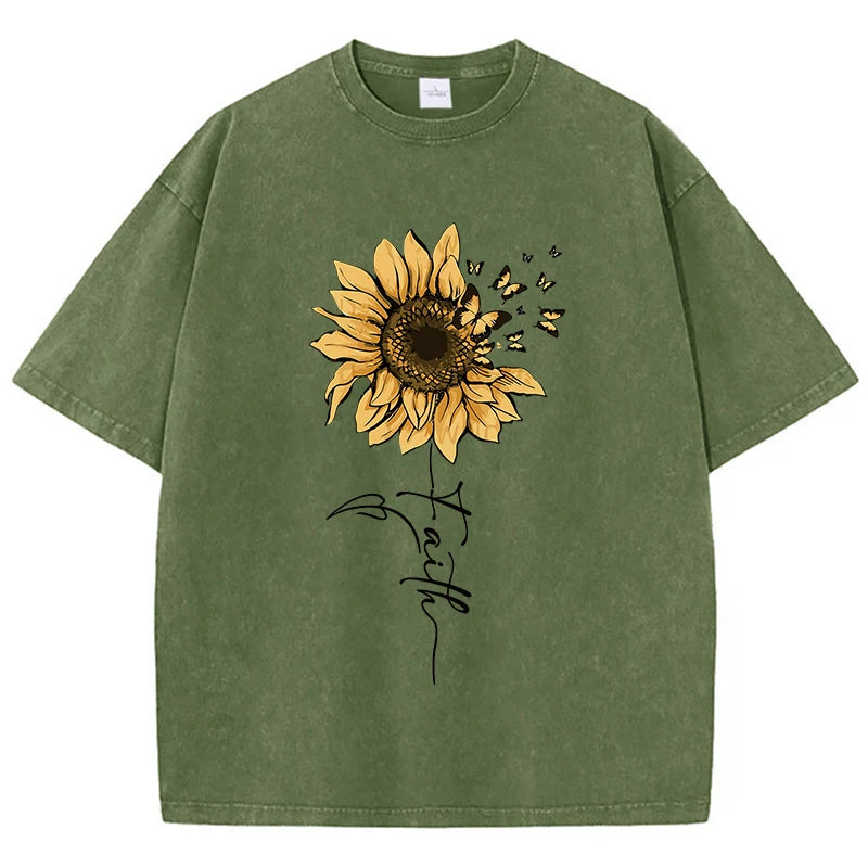 Sunflower & Butterfly® – Women’s Oversized O-Neck Cotton T-Shirt with Sunflower & Butterfly Prints, Vintage Black