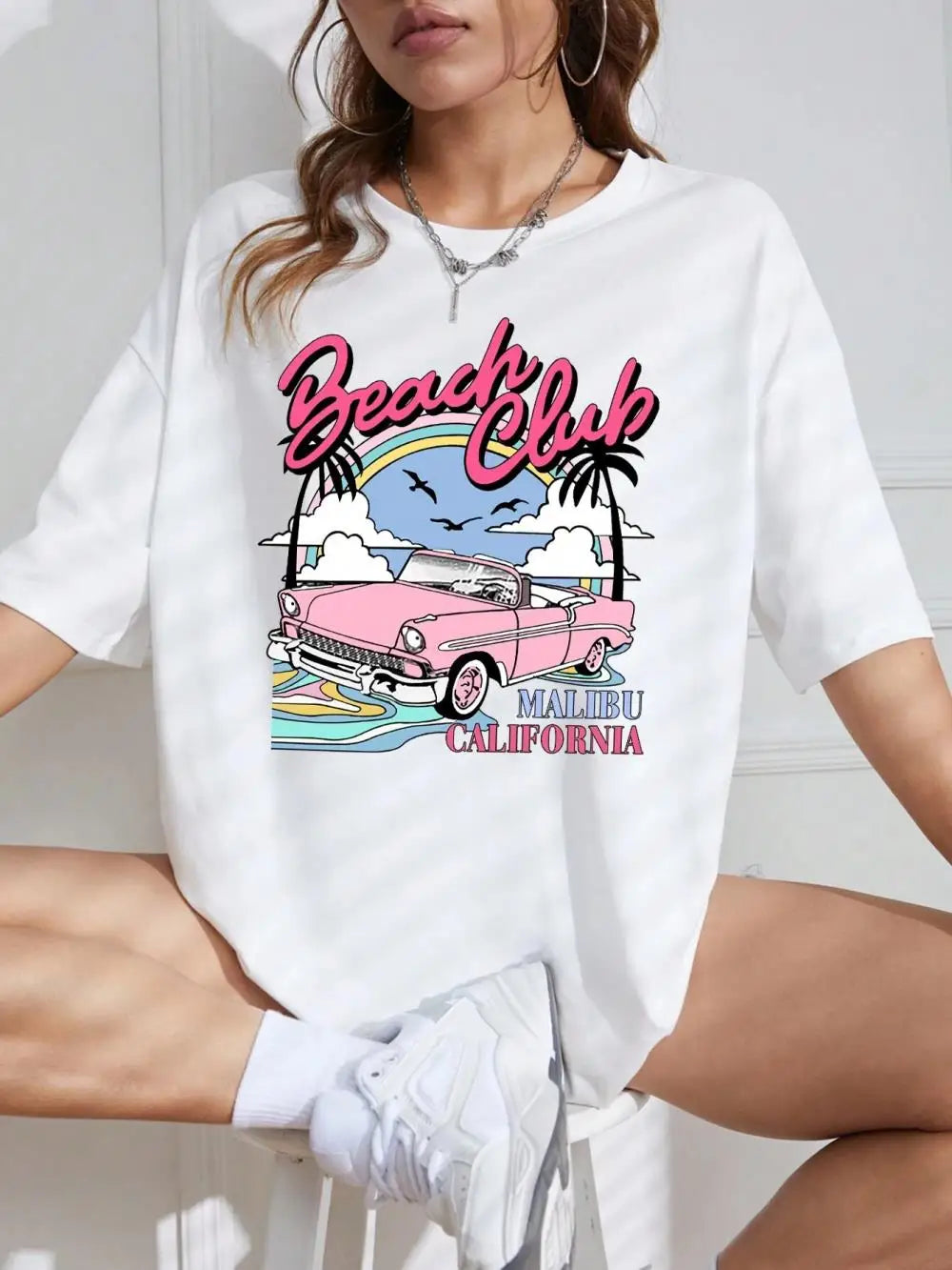 Beach Club® – Women’s Oversized Summer Cotton Tee with Beach Club Print and Crewneck