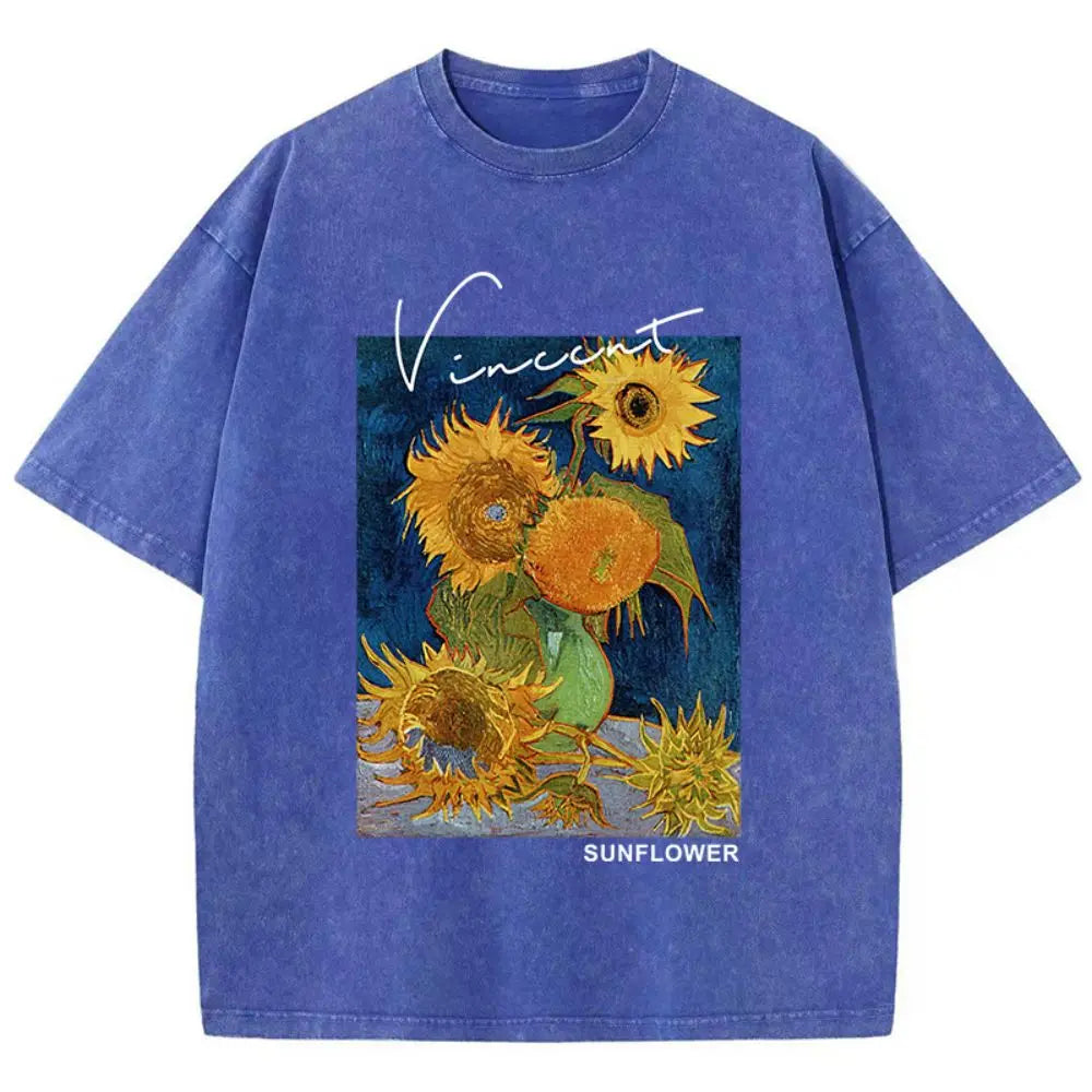 Van Gogh Sunflower® – Women’s Loose Fit Cotton Washed T-Shirt with Sunflower Print Soft Breathable Casual Top