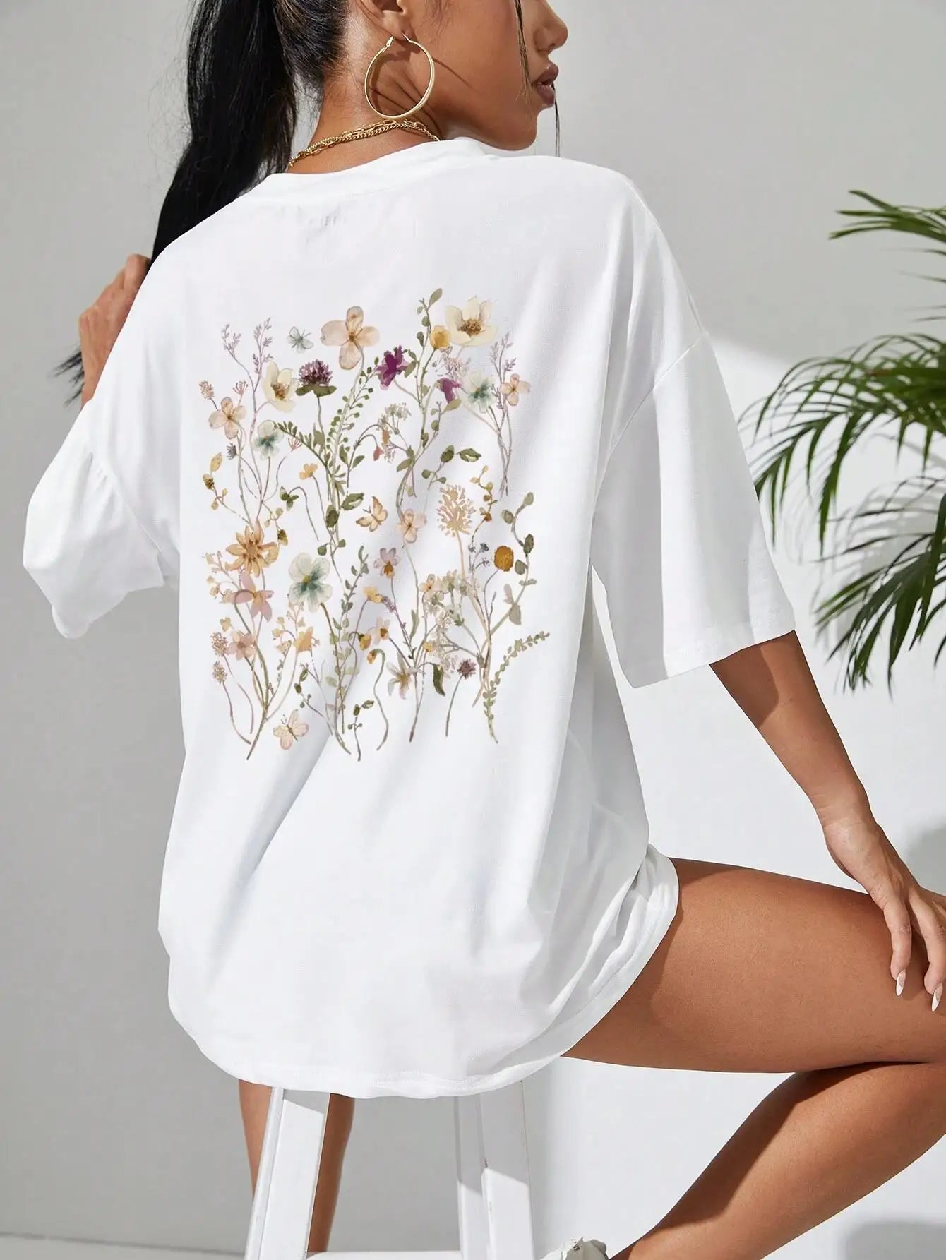 Blossom Garden® – Women’s Floral Cluster Print Cotton T-Shirt – Soft Loose Casual Summer Tee