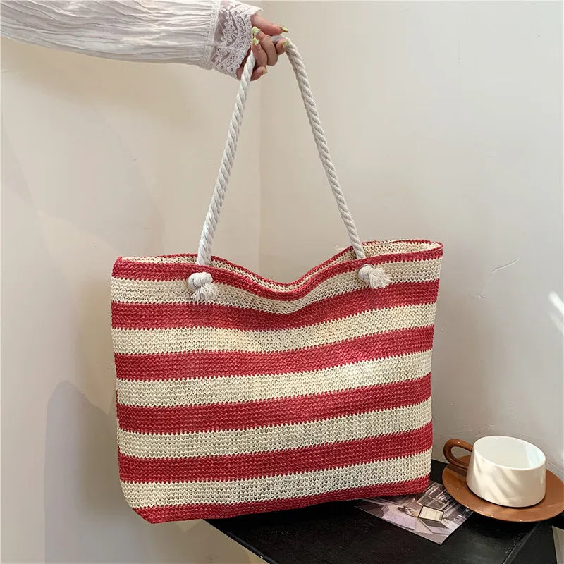 StrawEase® – Color Contrast Straw Shoulder Bag for Summer Chic