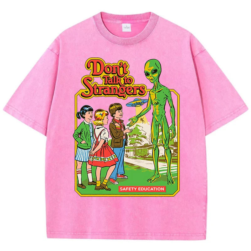 OuterWave® – Women’s Vintage-Washed Alien Print Cotton Tee – Round Neck Summer Style