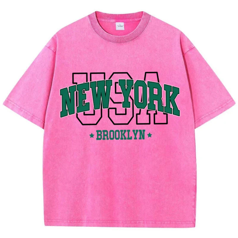 Brooklyn USA® – Women’s Washed Cotton Oversized O-Neck Tee with Brooklyn USA Print, Breathable Short Sleeve Summer Shirt