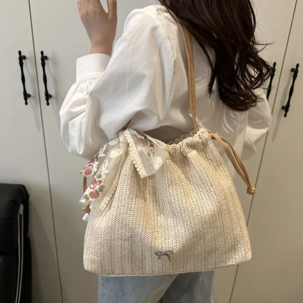 BohoGrace® – Elegant Straw Woven Tote with Bow Drawstring for Effortless Bohemian Style