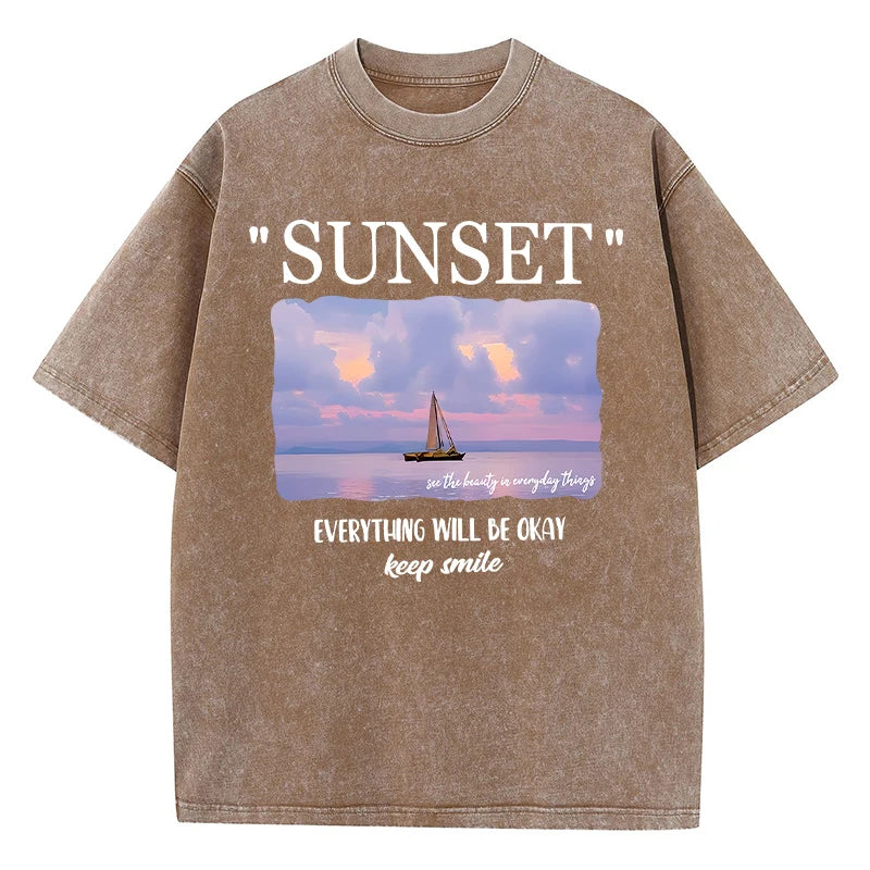Sunset Smile® – Women’s Summer T-Shirt with “Everything Will Be Okay” Print, Soft Loose Fit Tee