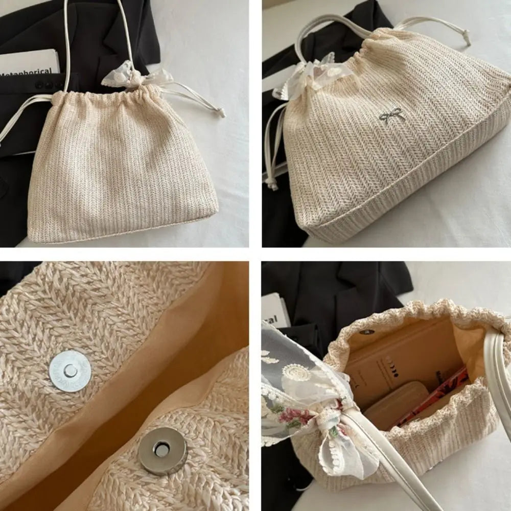 BohoGrace® – Elegant Straw Woven Tote with Bow Drawstring for Effortless Bohemian Style