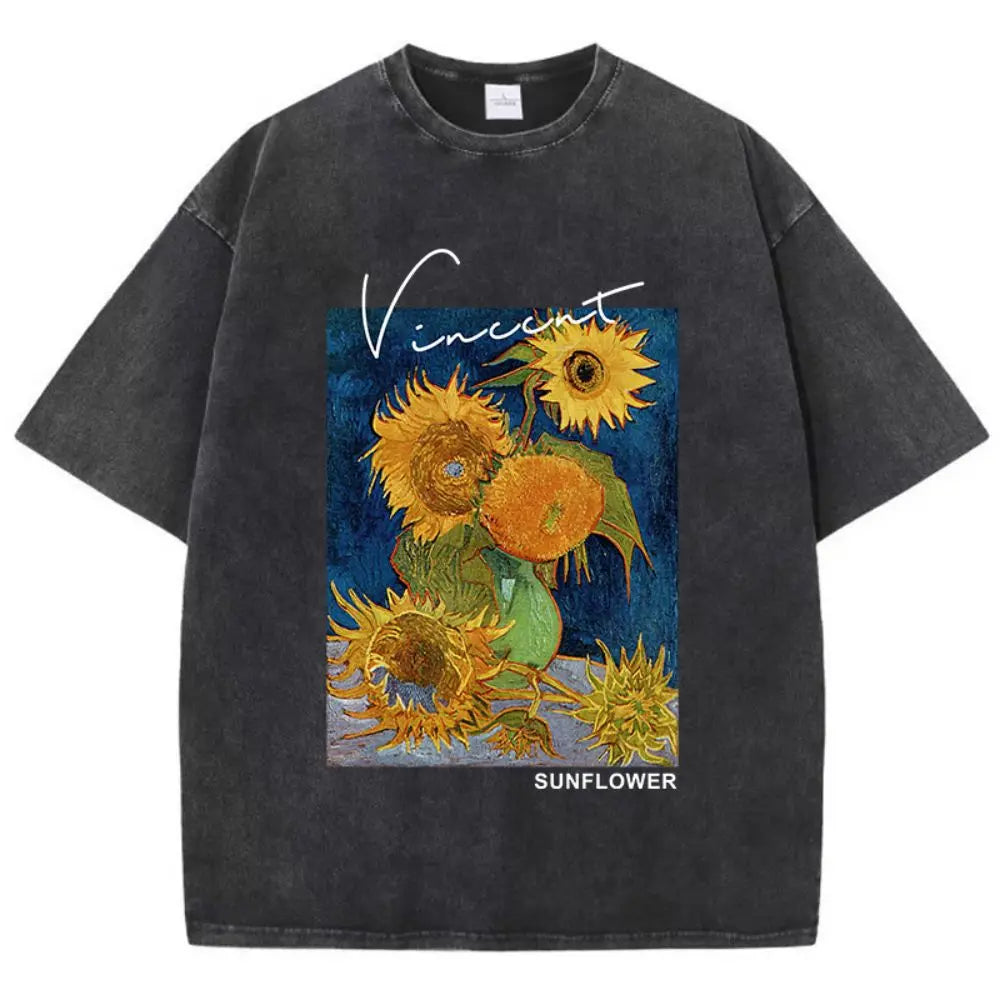 Van Gogh Sunflower® – Women’s Loose Fit Cotton Washed T-Shirt with Sunflower Print Soft Breathable Casual Top