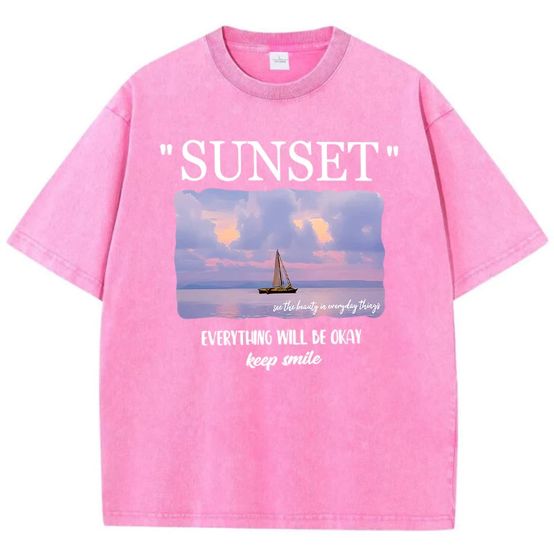 Sunset Smile® – Women’s Summer T-Shirt with “Everything Will Be Okay” Print, Soft Loose Fit Tee