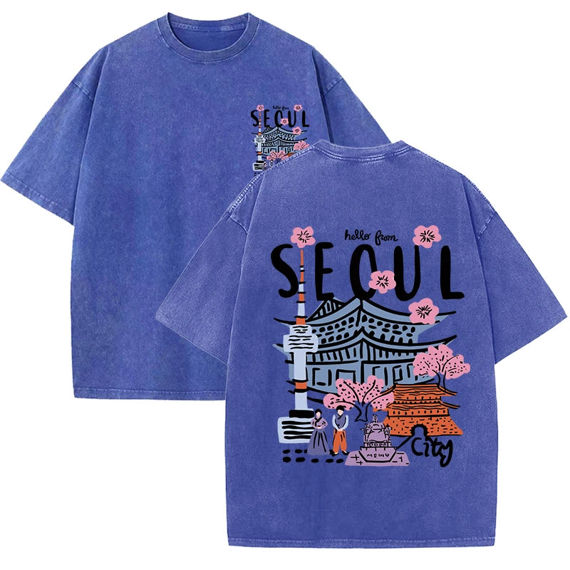Seoul View® – Women’s Casual Crewneck Short Sleeve Cotton T-Shirt with Seoul Scenery Print