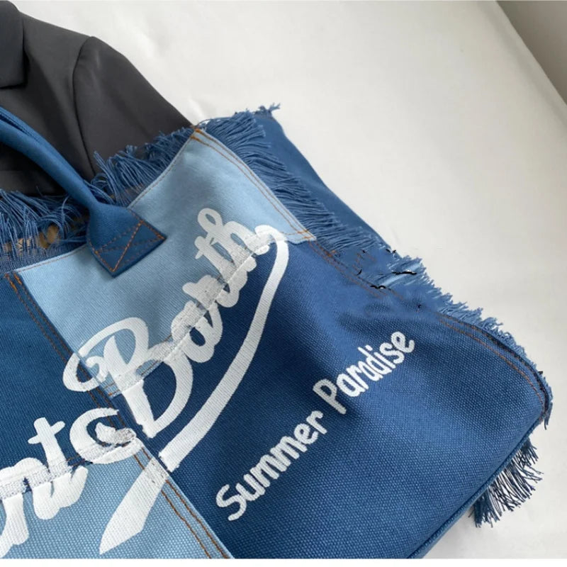 LetterTide® – Summer Canvas Tote Bag with Chic Letter Print & Tassel Detail