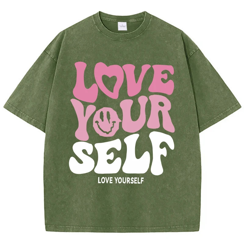 Love Yourself® – Women’s Washed Cotton Loose Tee with “Love Yourself” Letter Print, Short Sleeve Summer Shirt