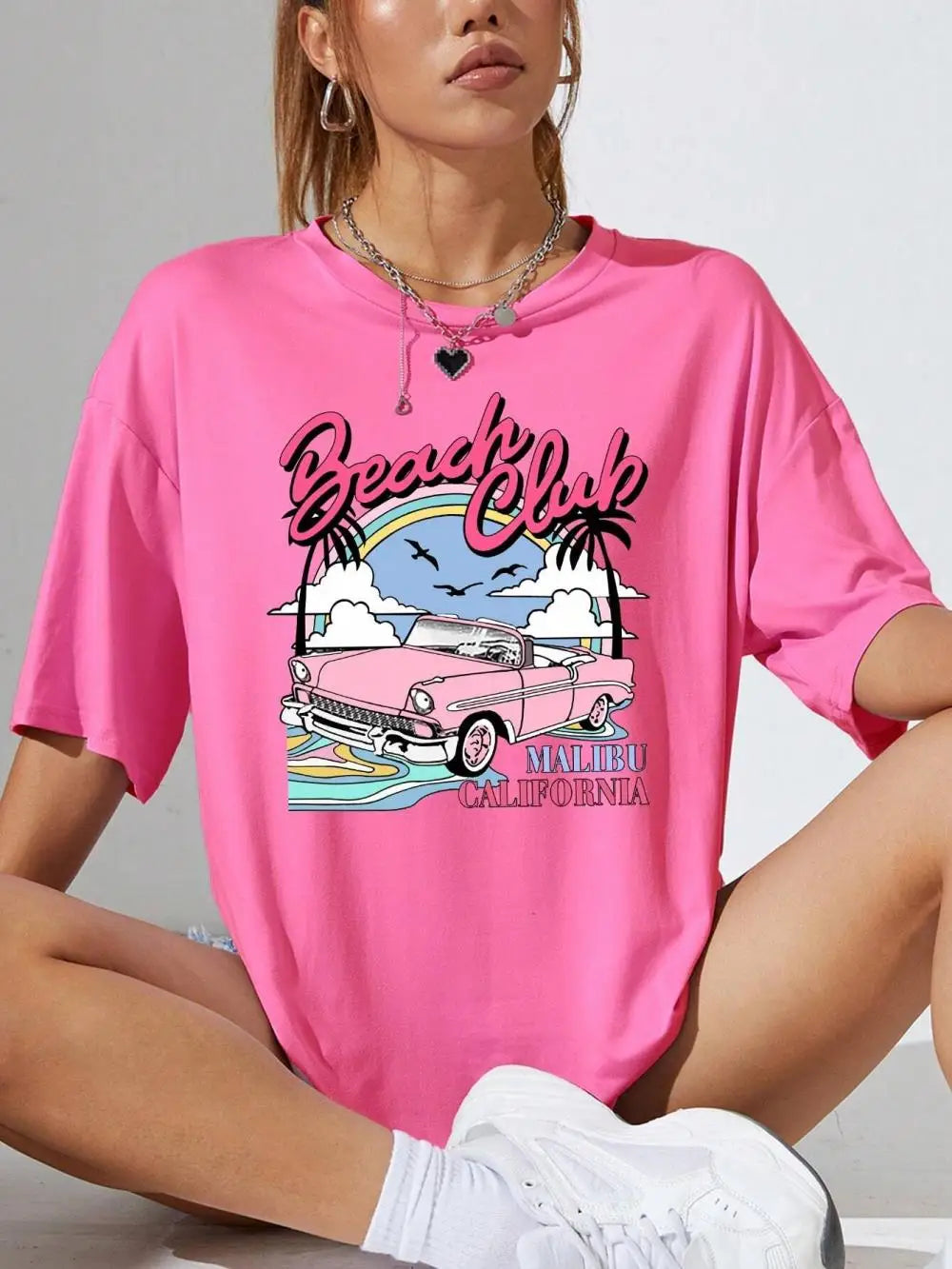 Beach Club® – Women’s Oversized Summer Cotton Tee with Beach Club Print and Crewneck