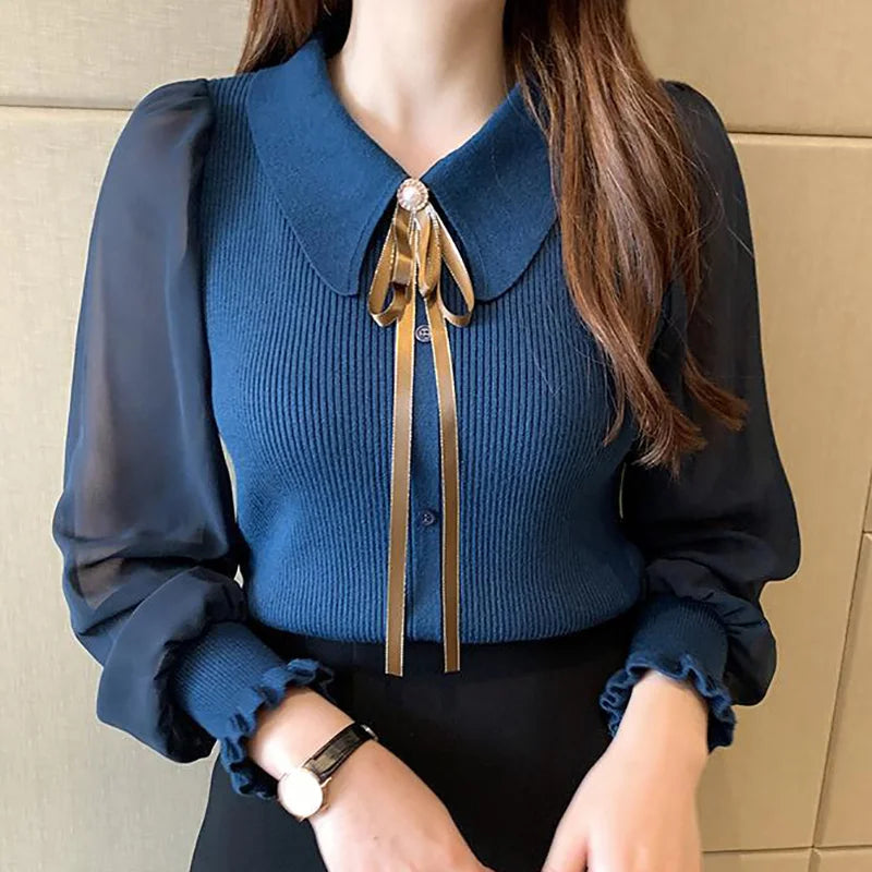 Elegant Chiffon Patchwork® – Autumn Lantern Sleeve Buttoned Collar Sweater for Office Ladies