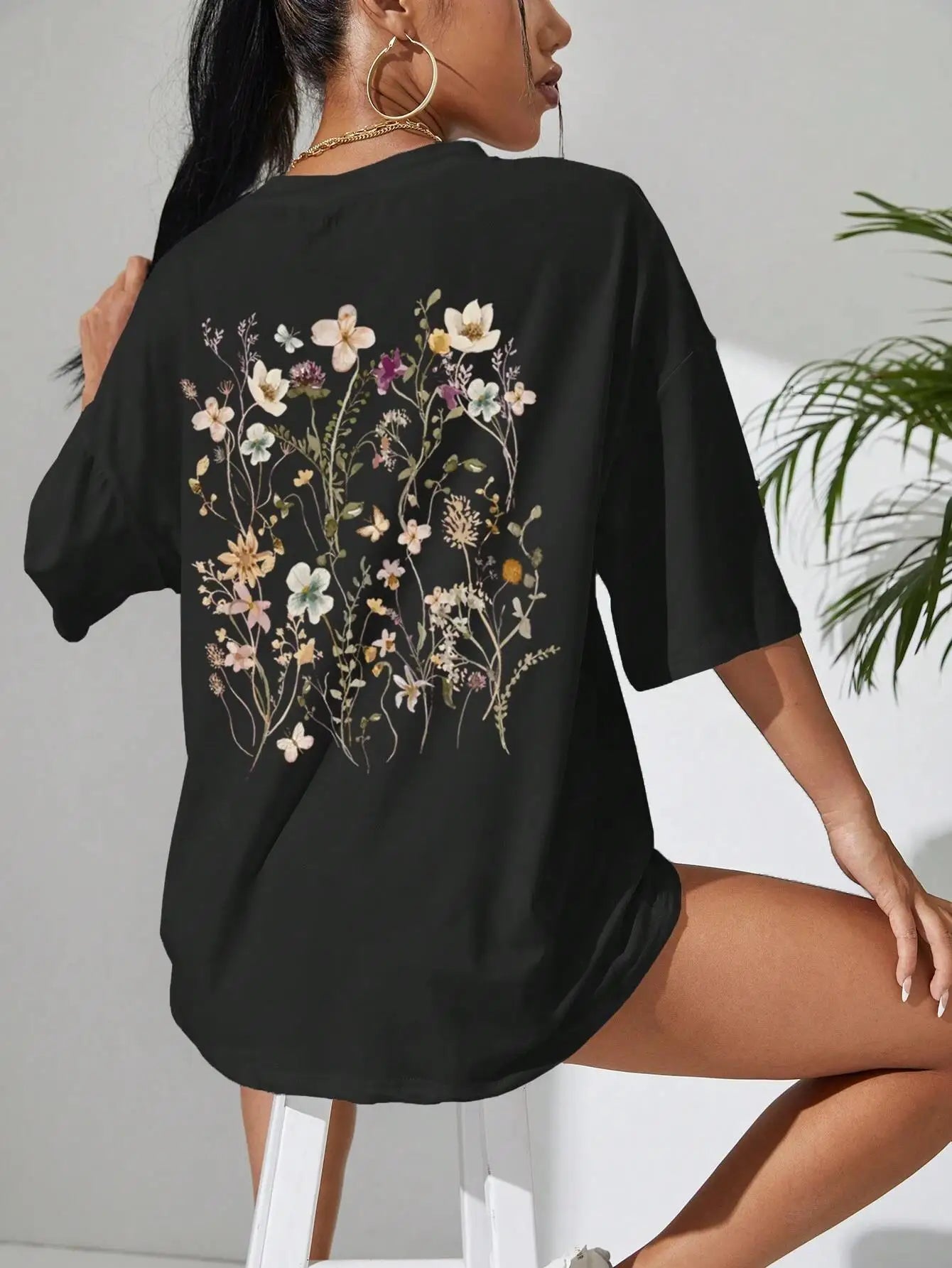 Blossom Garden® – Women’s Floral Cluster Print Cotton T-Shirt – Soft Loose Casual Summer Tee