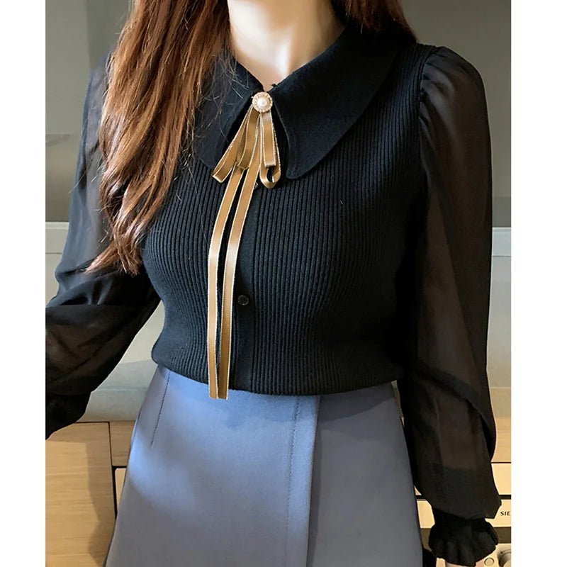Elegant Chiffon Patchwork® – Autumn Lantern Sleeve Buttoned Collar Sweater for Office Ladies