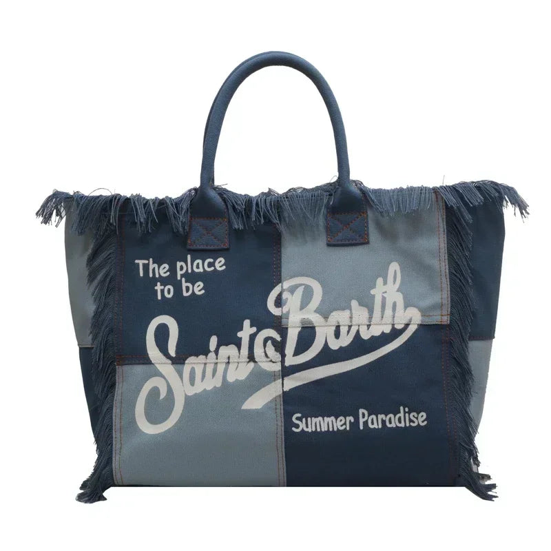 LetterTide® – Summer Canvas Tote Bag with Chic Letter Print & Tassel Detail