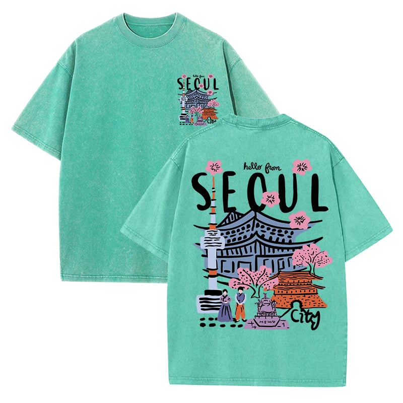 Seoul View® – Women’s Casual Crewneck Short Sleeve Cotton T-Shirt with Seoul Scenery Print