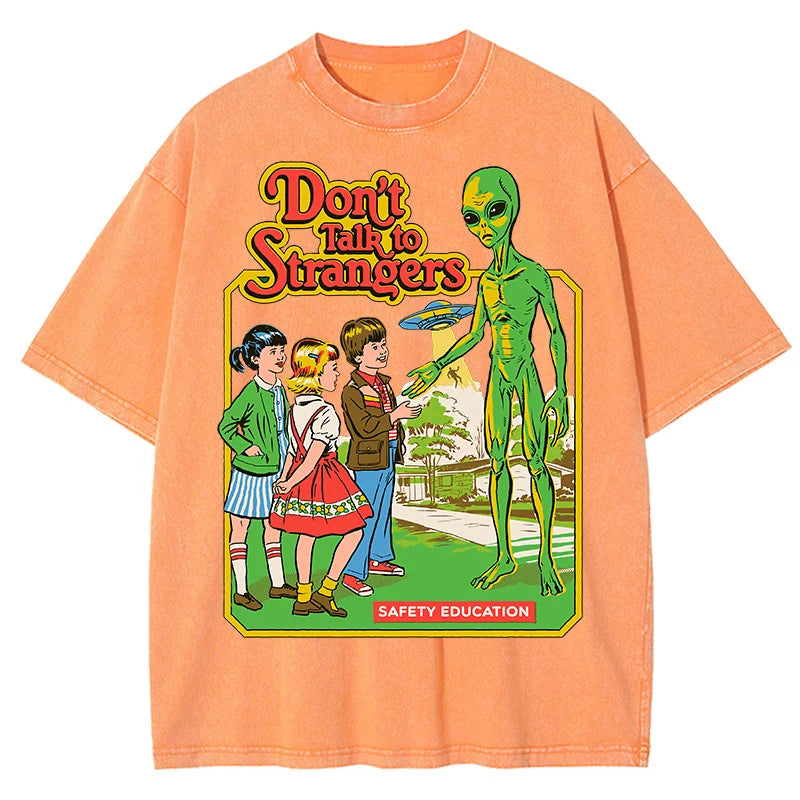 OuterWave® – Women’s Vintage-Washed Alien Print Cotton Tee – Round Neck Summer Style
