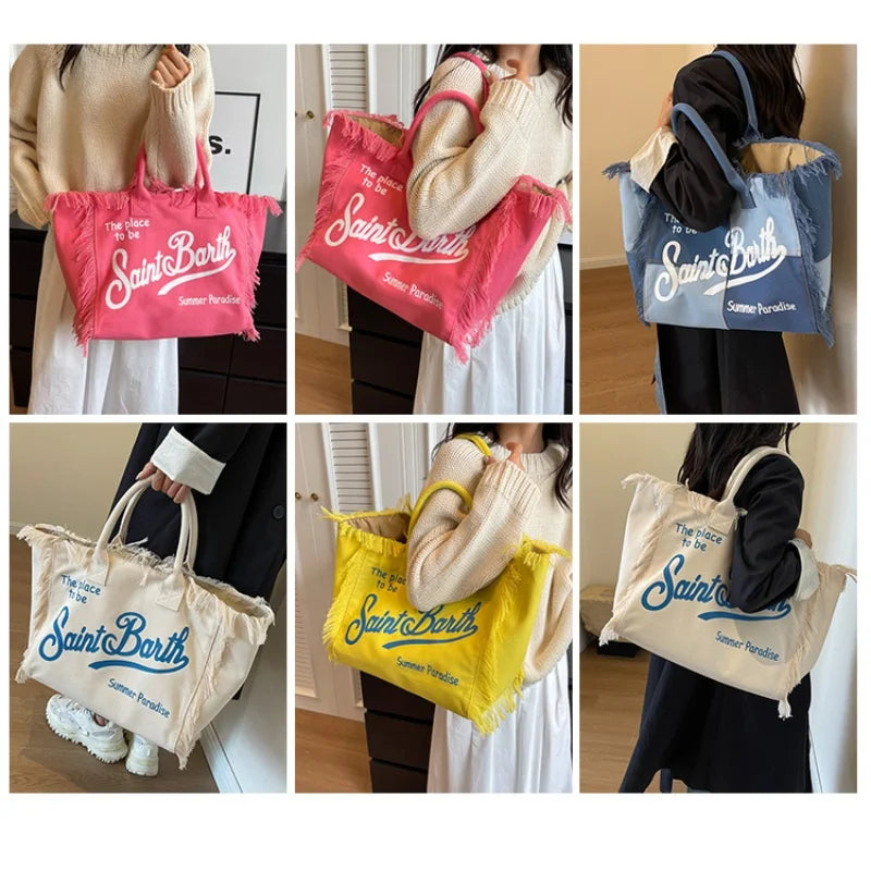 LetterTide® – Summer Canvas Tote Bag with Chic Letter Print & Tassel Detail