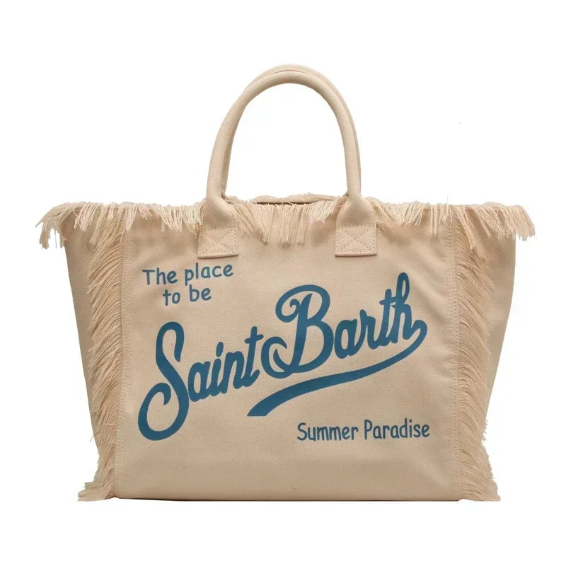 LetterTide® – Summer Canvas Tote Bag with Chic Letter Print & Tassel Detail