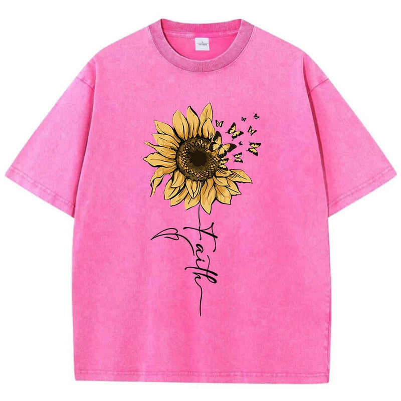 Sunflower & Butterfly® – Women’s Oversized O-Neck Cotton T-Shirt with Sunflower & Butterfly Prints, Vintage Black