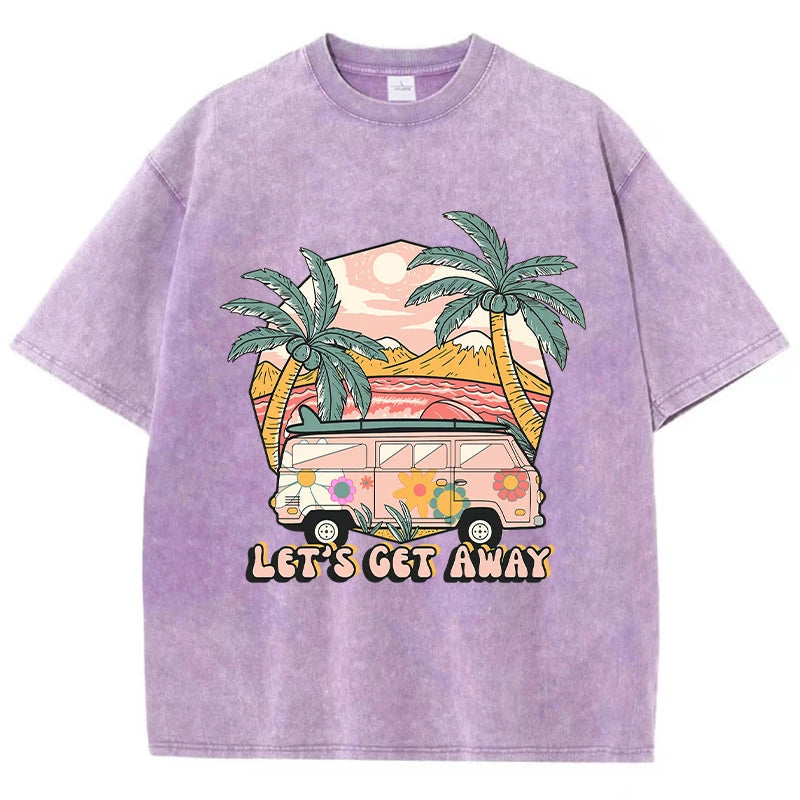 Harajuku Escape® – Women’s Washed Cotton Printed T-Shirt “Take The Bus Go On Vacation” Casual Tee