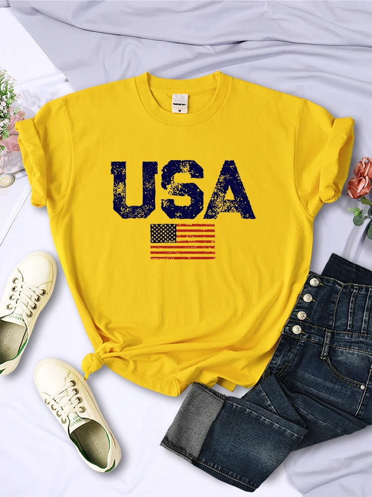 American Spirit® – USA Letters & Flag Printed Cotton Tee for Women