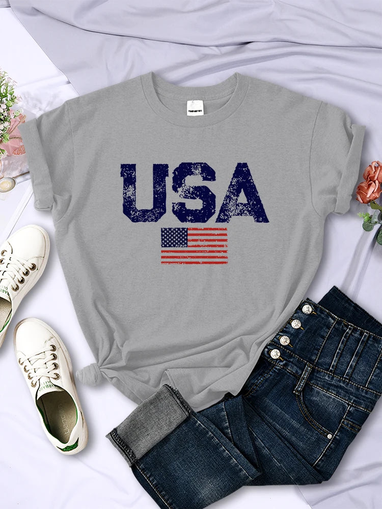 American Spirit® – USA Letters & Flag Printed Cotton Tee for Women