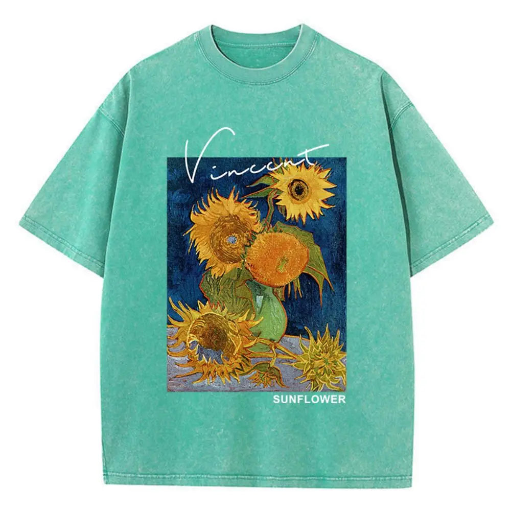 Van Gogh Sunflower® – Women’s Loose Fit Cotton Washed T-Shirt with Sunflower Print Soft Breathable Casual Top
