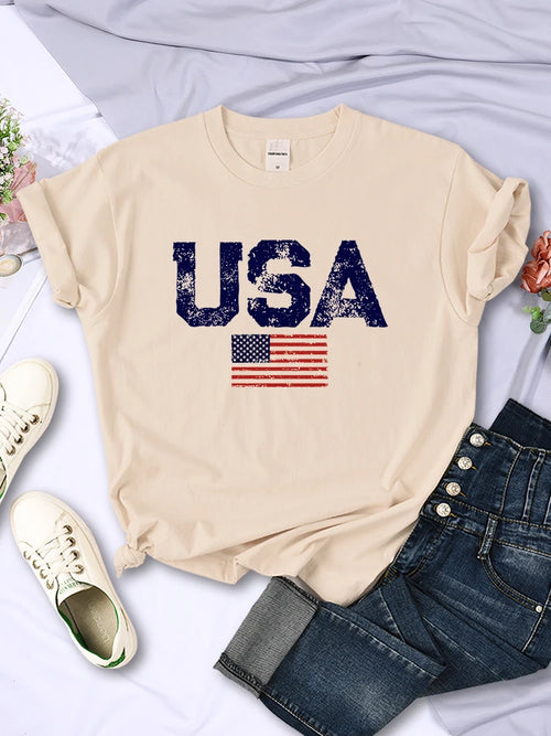 American Spirit® – USA Letters & Flag Printed Cotton Tee for Women