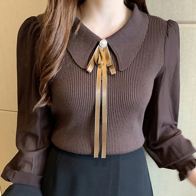 Elegant Chiffon Patchwork® – Autumn Lantern Sleeve Buttoned Collar Sweater for Office Ladies