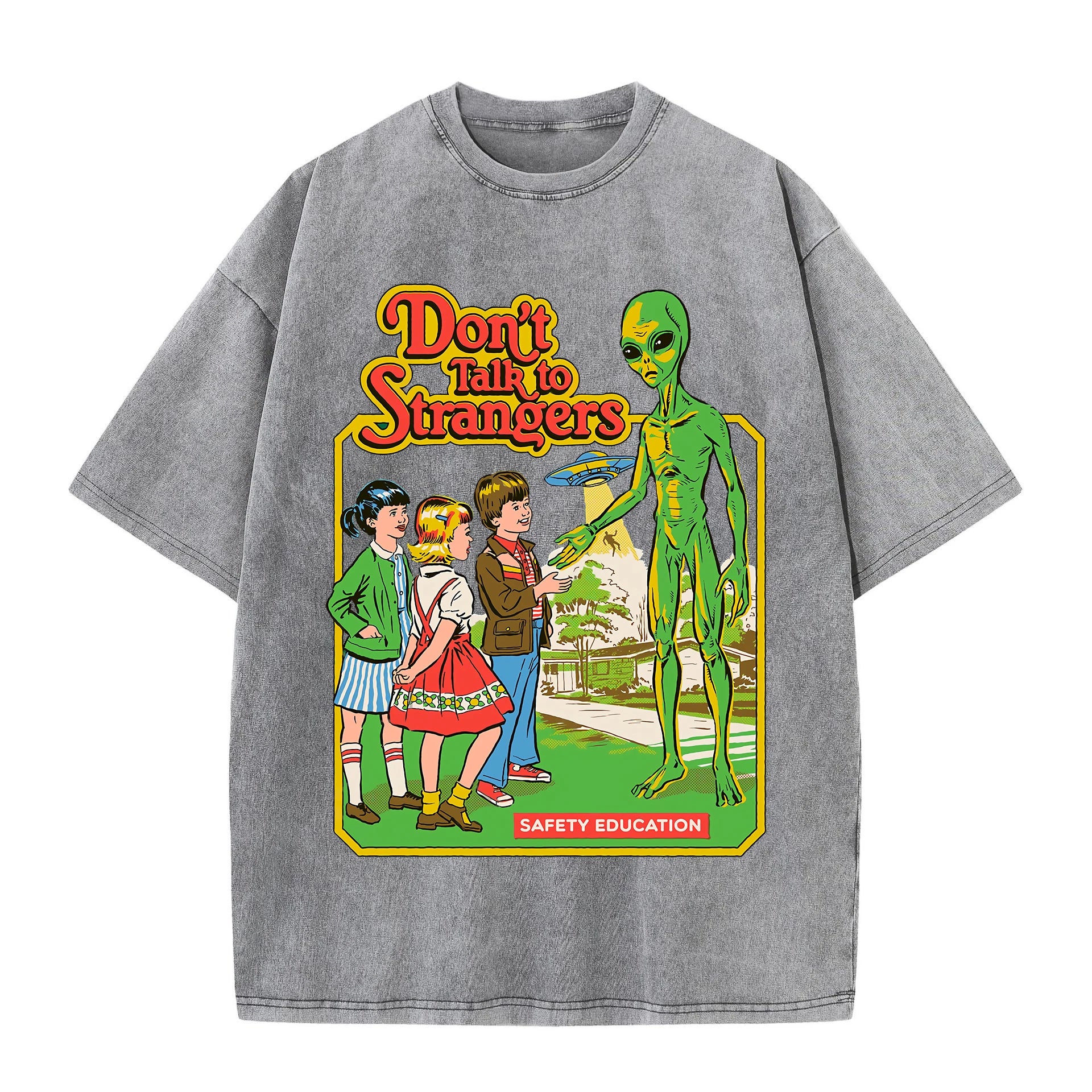 OuterWave® – Women’s Vintage-Washed Alien Print Cotton Tee – Round Neck Summer Style