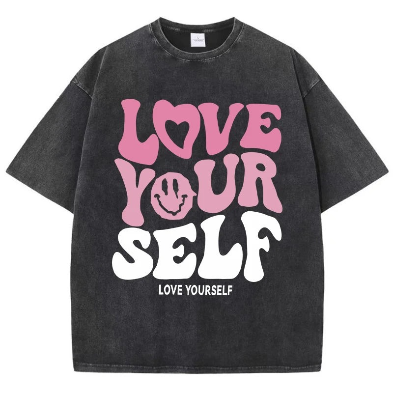 Love Yourself® – Women’s Washed Cotton Loose Tee with “Love Yourself” Letter Print, Short Sleeve Summer Shirt