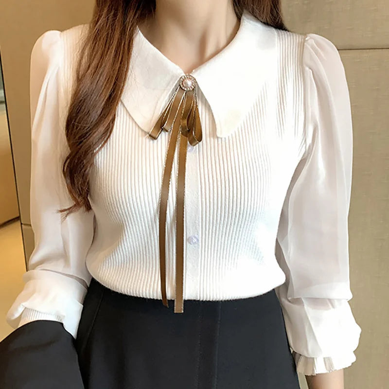 Elegant Chiffon Patchwork® – Autumn Lantern Sleeve Buttoned Collar Sweater for Office Ladies