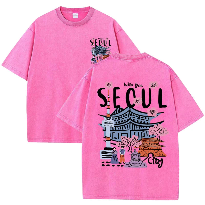Seoul View® – Women’s Casual Crewneck Short Sleeve Cotton T-Shirt with Seoul Scenery Print
