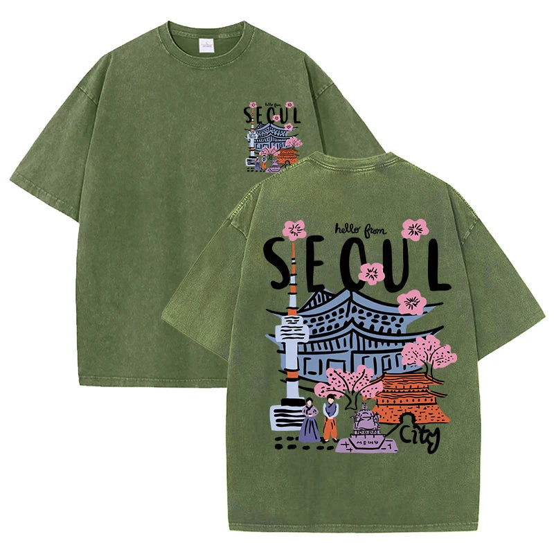 Seoul View® – Women’s Casual Crewneck Short Sleeve Cotton T-Shirt with Seoul Scenery Print