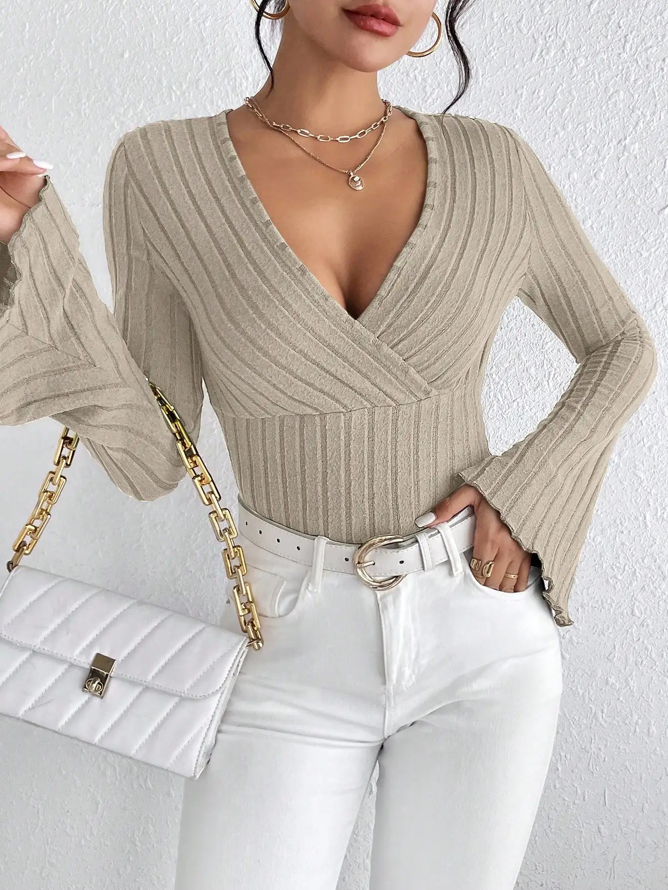 Autumn Muse® – Sexy Slim Fit V-neck Striped Knit Top with Long Sleeves