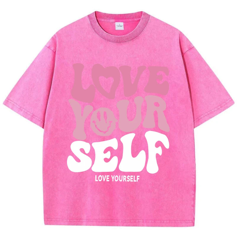 Love Yourself® – Women’s Washed Cotton Loose Tee with “Love Yourself” Letter Print, Short Sleeve Summer Shirt