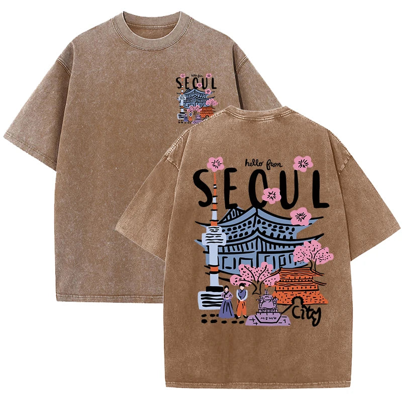 Seoul View® – Women’s Casual Crewneck Short Sleeve Cotton T-Shirt with Seoul Scenery Print